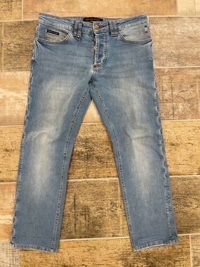 Philipp Plein Super Straight Cut Jeans Button Fly Light Rush Blue Size 29
